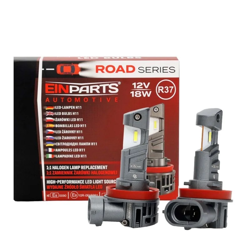 LED žarnici H11 Einparts Road Series z oznako ECE R37 pred embalažo, 12 V 18 W